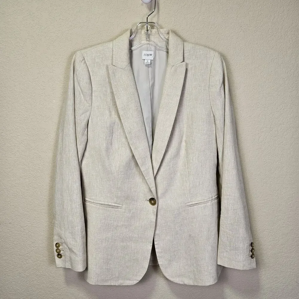 J.Crew Linen Cotton Holland Blazer Womens 4 Crosshatch Beige Career Jacket AL221 - Picture 2 of 16